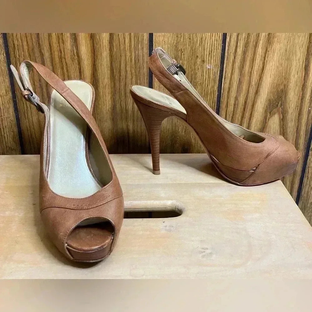 Woman STUART WEITZMAN Brown Leather Platform Peeptoe High Heel Sandal Shoe 8.5